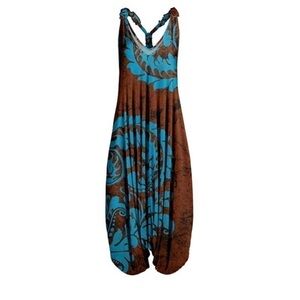 Brown & Teal Abstract Racerback Harem Jumpsuit